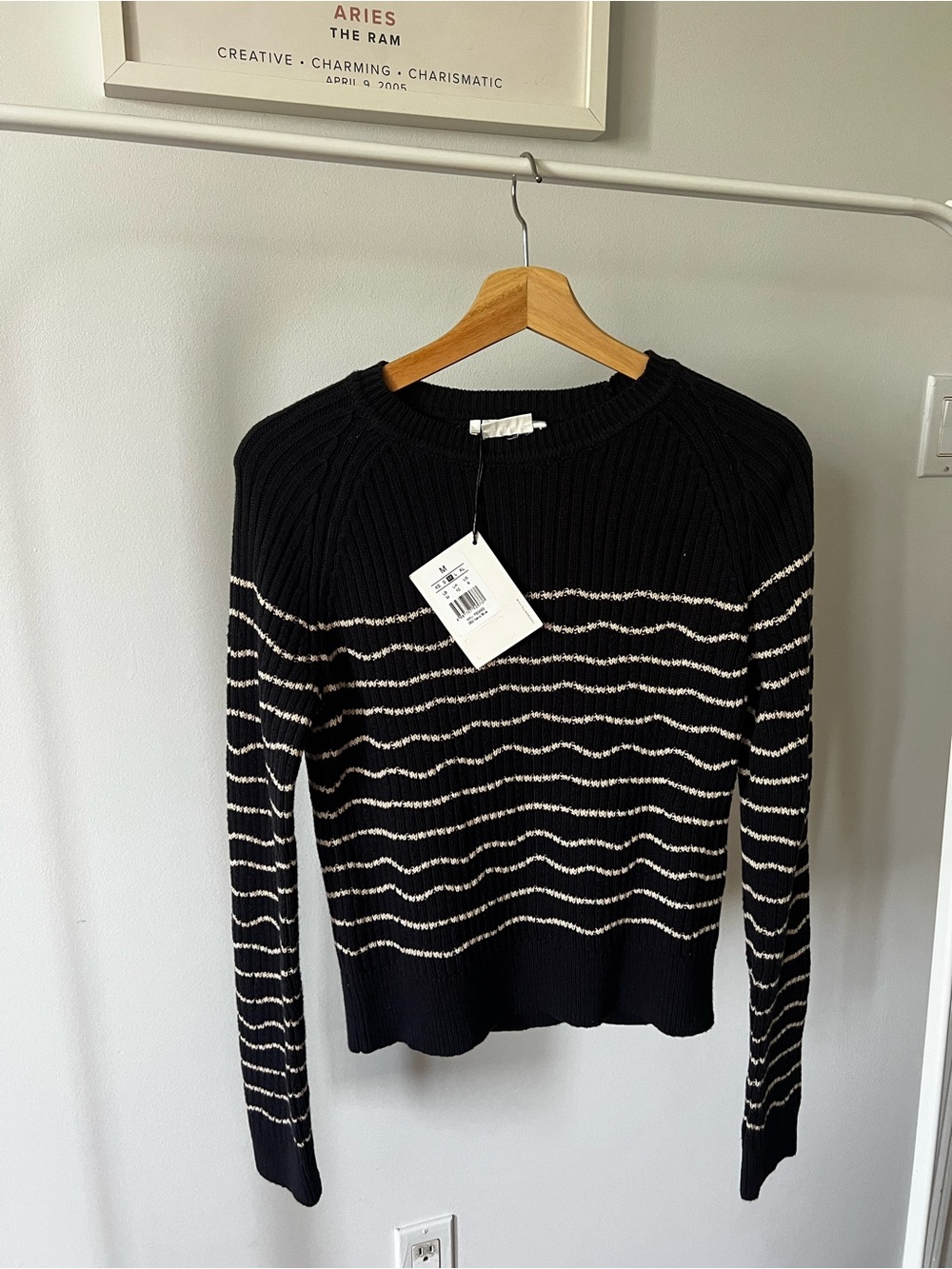 Black & Cream Striped Ribbed Crewneck Sweater - Women